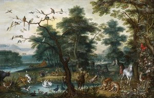人の堕落のある楽園の風景 作： Jan Brueghel the Younger
